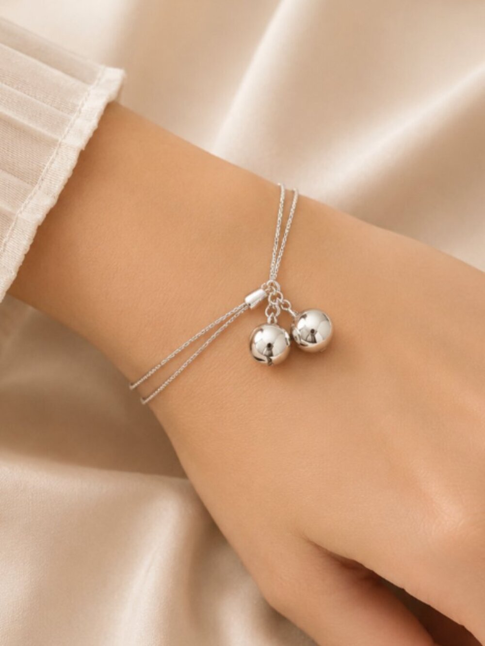 925 Sterling Silver Dangle Ball Charm Bracelet Double Layer Snakechain Bracelet